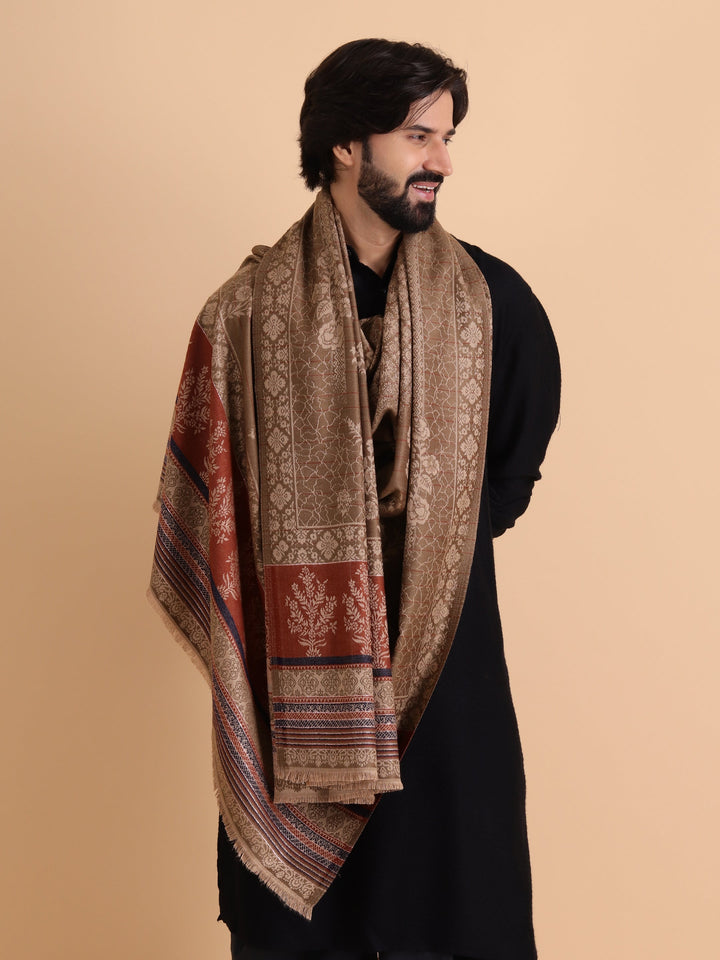 Reversible Fusion, Floral Design Shawl for Winter - Beige