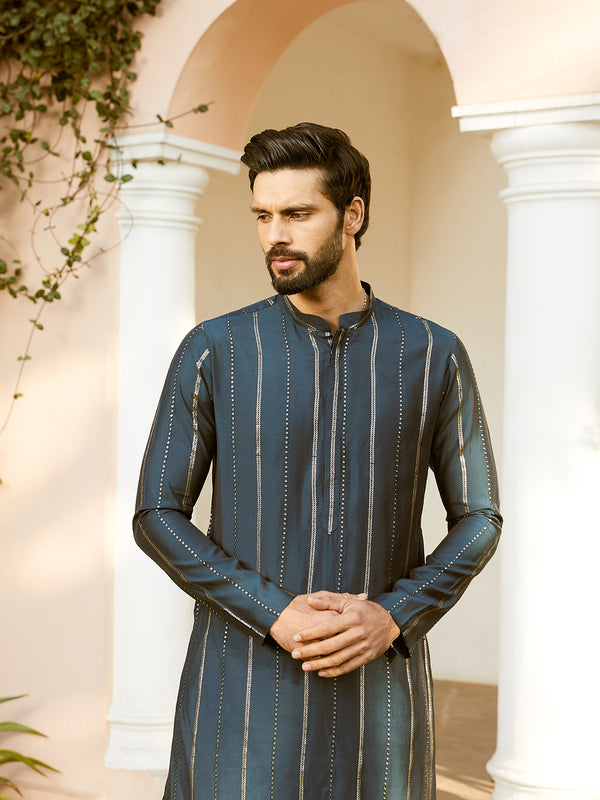 Sequins Embroidered Pure Chanderi Silk Straight Kurta – Blue