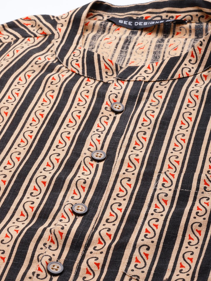 Men Beige And Black Printed Straight Kurta