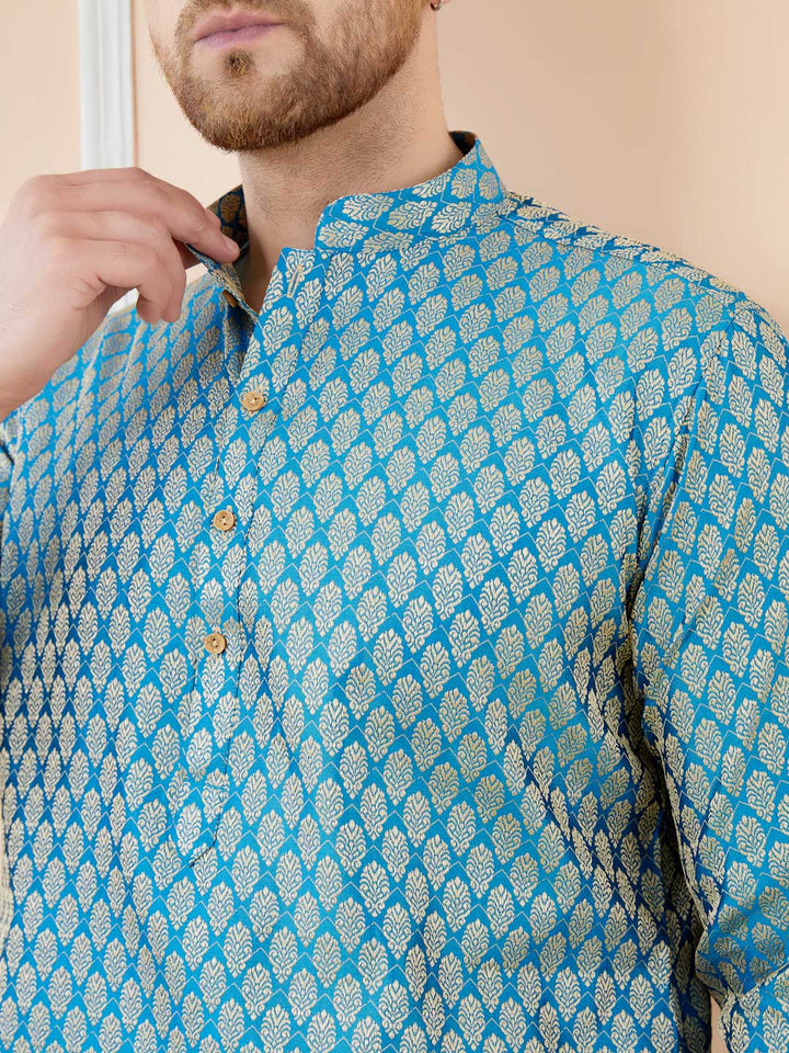Blue Ethnic Motifs Silk Jacquard Woven Design Straight Kurta with Pyjama
