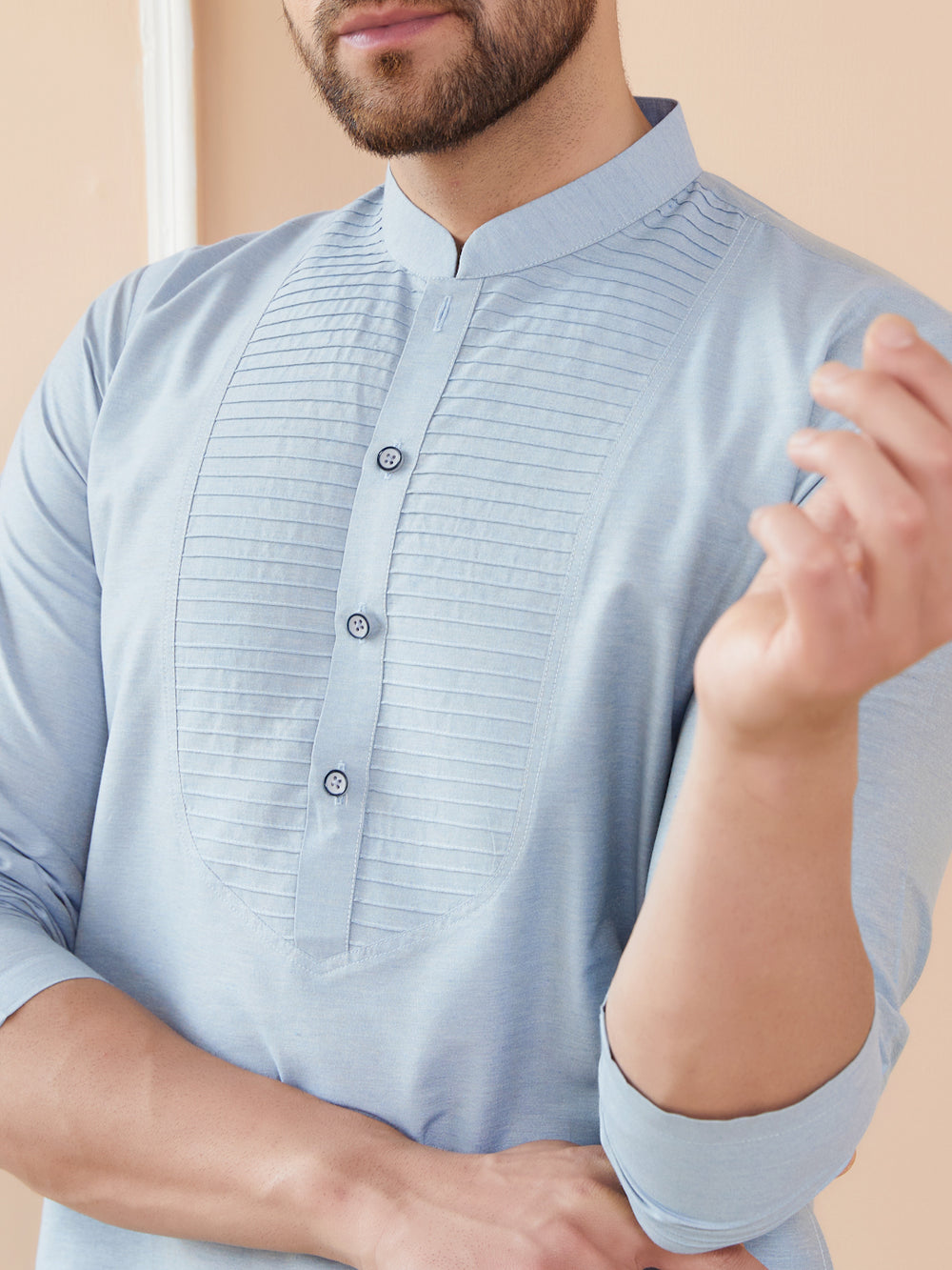 Blue Cotton Solid Straight Kurta with Pintuck Neckline – Blue