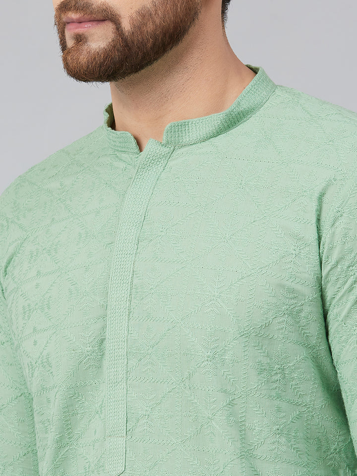 Men Green Chikankari Embroidered Woven Design Straight Kurta