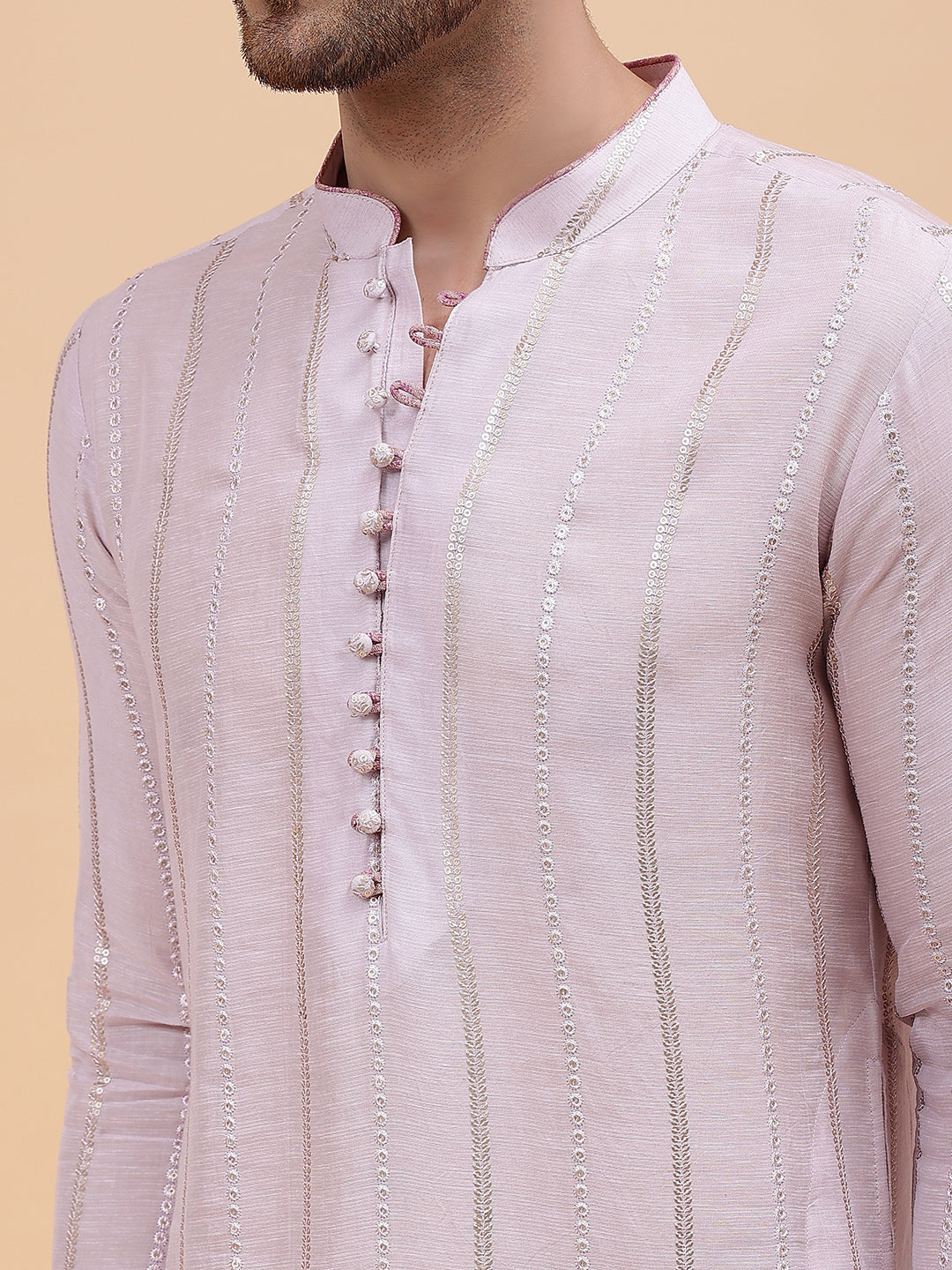 Men Pink Zari Wark Silk Woven Design Straight Kurta