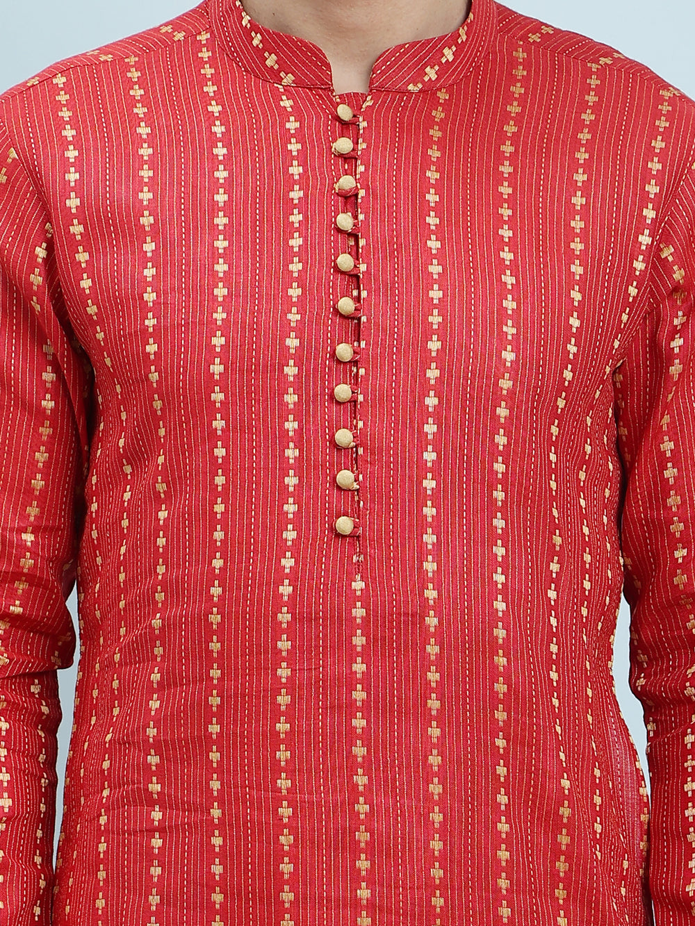 Thread Worked Cotton Silk Straight Kurta with Pyjama – Red