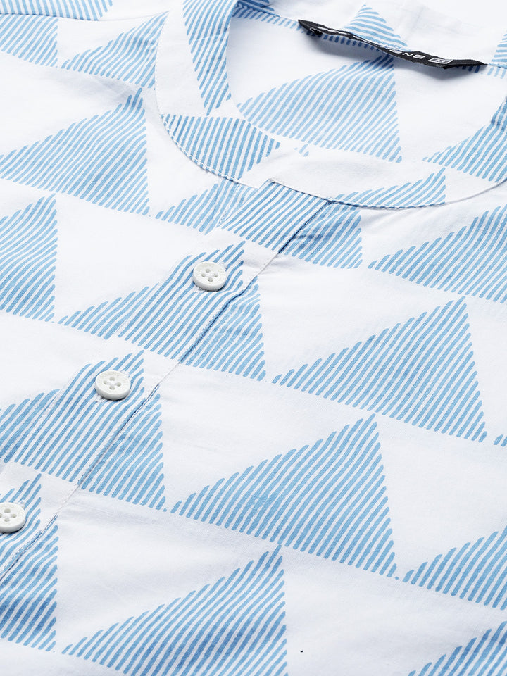 White-Blue Printed Straight kurta with Pyjama