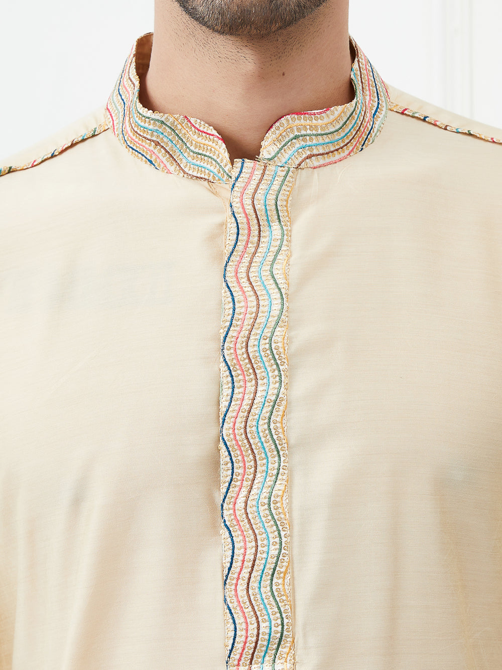 Solid Pure Cotton Straight Kurta with Embroidered Flacked and Pyjama – Cream