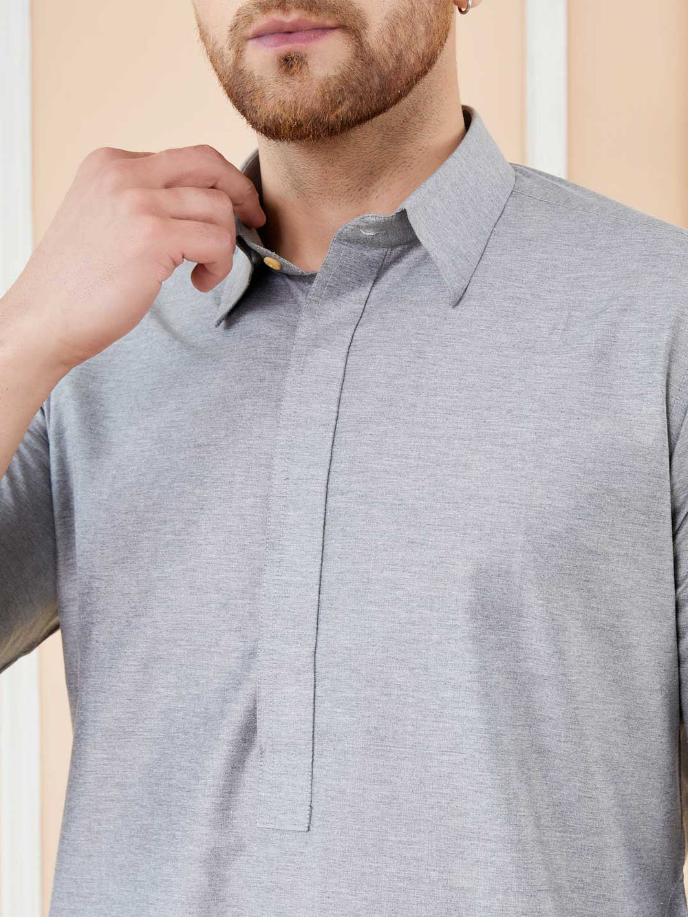 Grey Cotton Solid Pathani Kurta – Gray-1