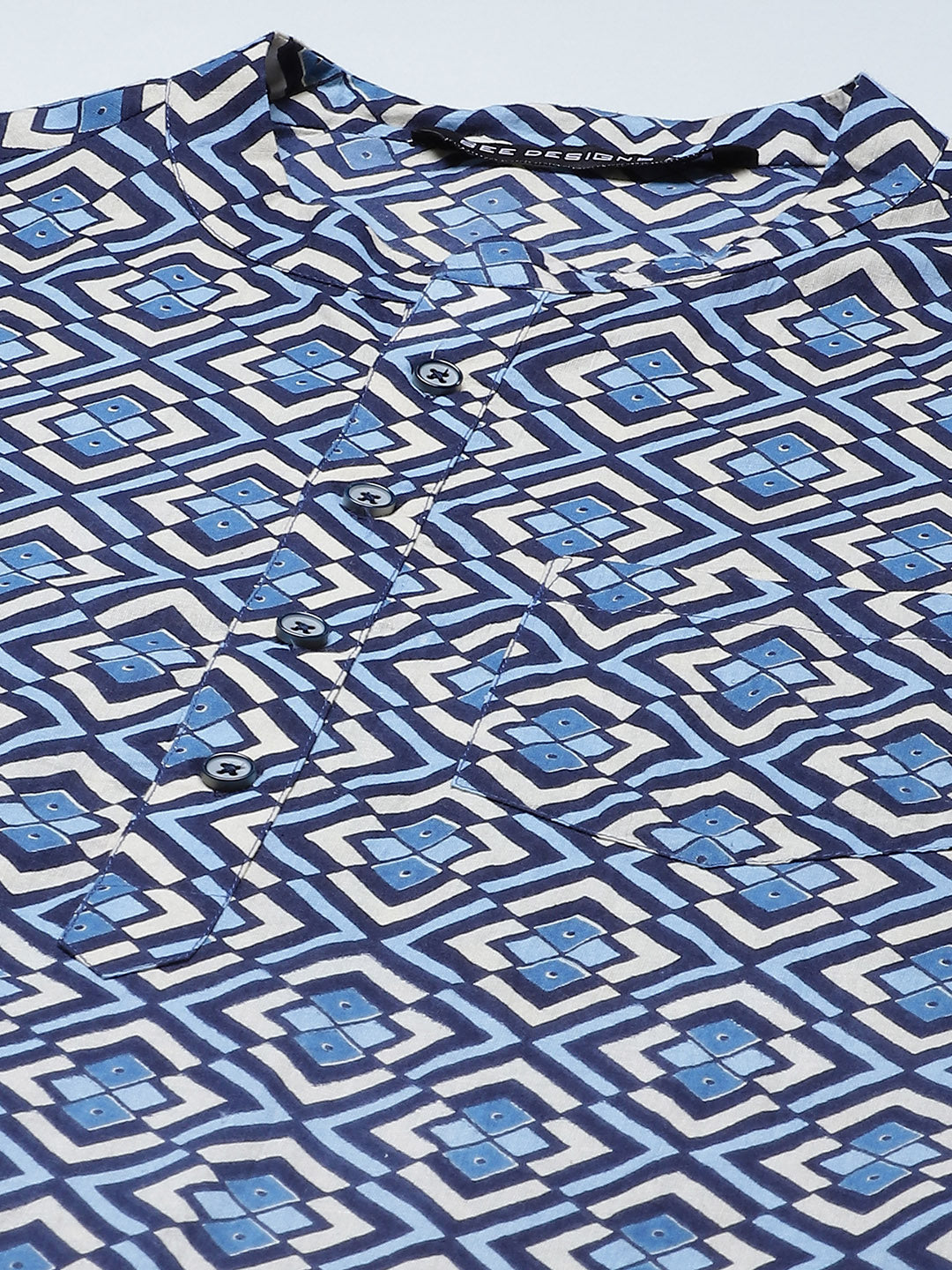 Men Blue And Beige Printed Straight With Kurta Pyjama