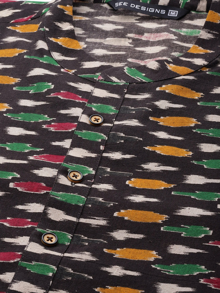 Men Black And Gold Kalamkari Block Printed Straight Sustainable Kurta