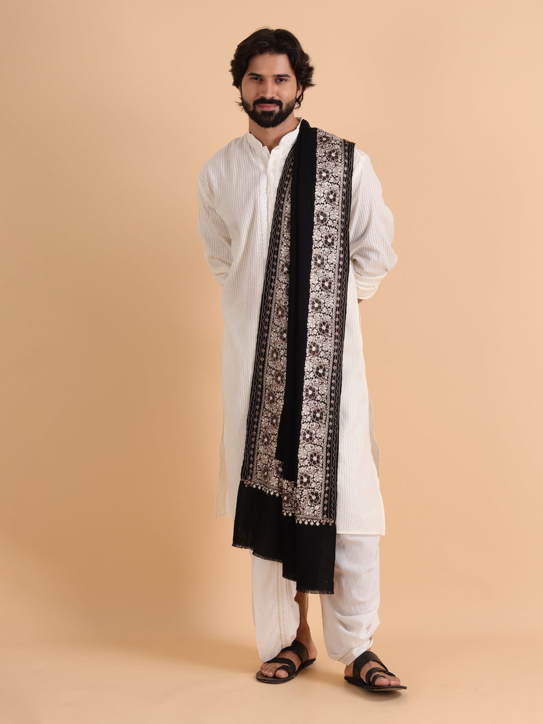 Tweedle Fine Wool Aari Embroidery Stole / Scarf for Men, Border Design with Stone Work - Black