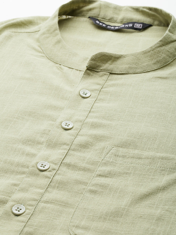 Men Green Cotton  Straight Kurta with Slub Effect