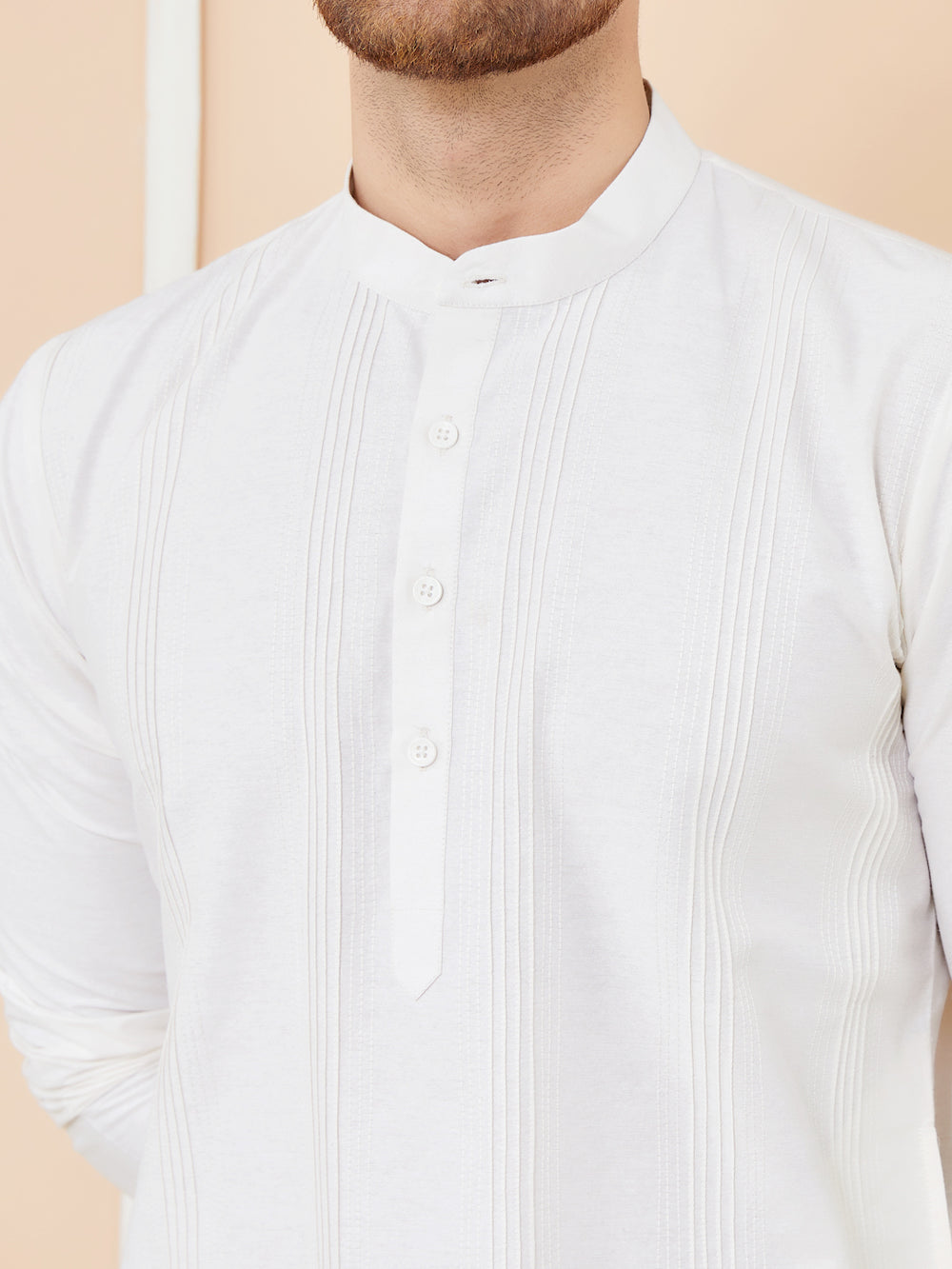 White Cotton Pintuck Straight Kurta – White