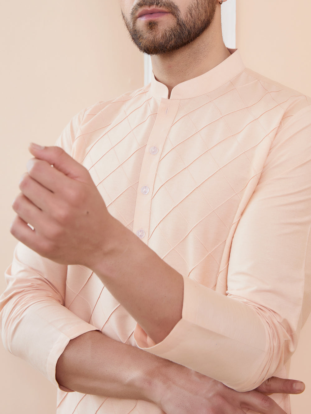 Men Peach Pintex Worked Cotton Silk Straight Kurta With Pyjama – Peach-1