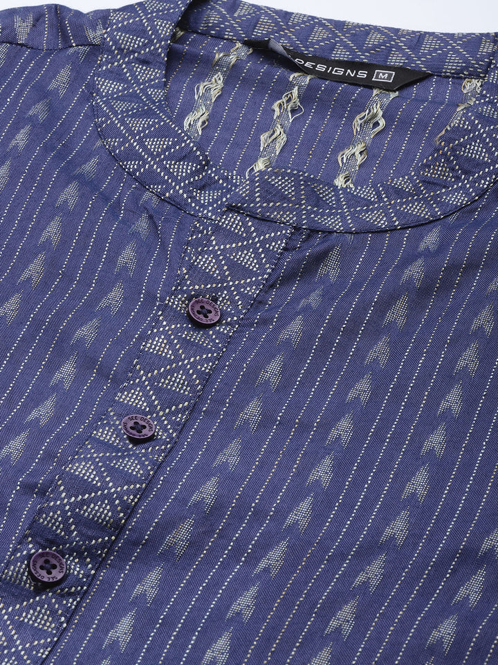 Men Purple & Beige Woven Design Thread Work Kurta