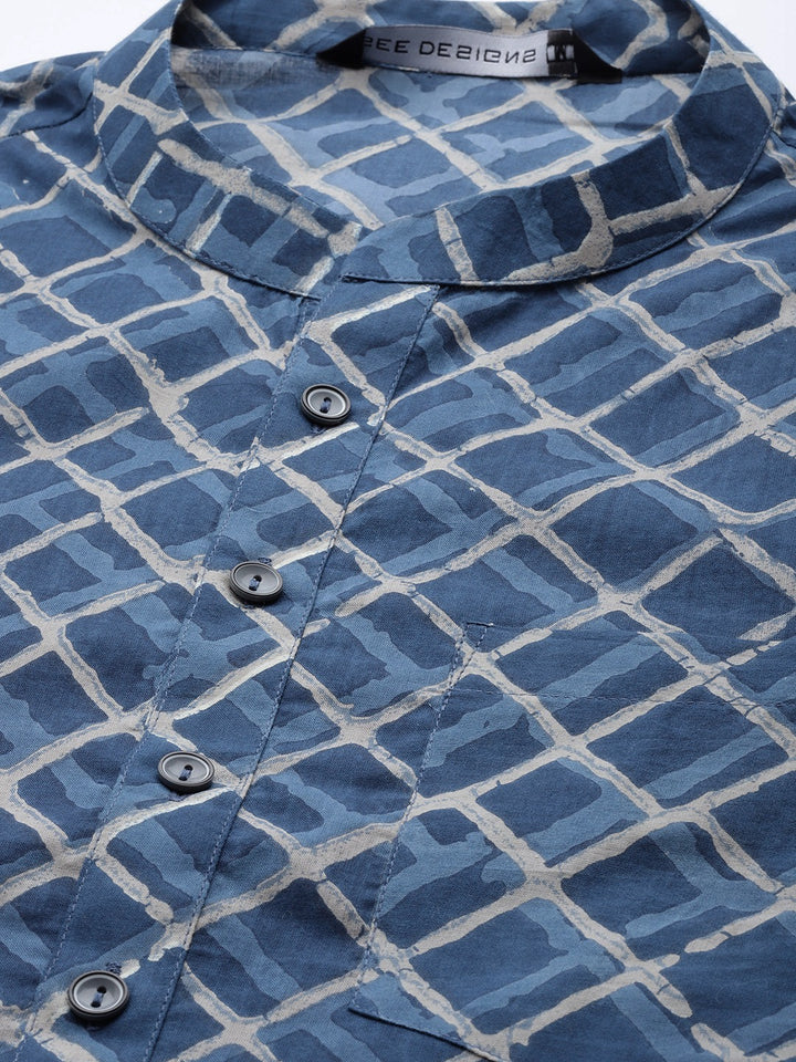 Blue and Beige Print Straight kurta with pyjama