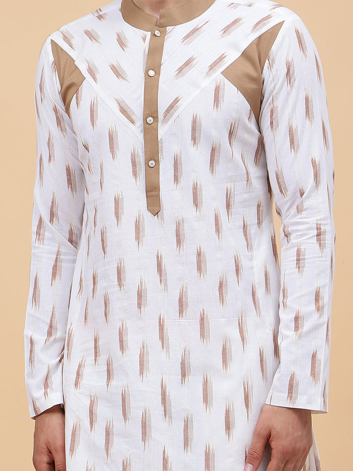 White Ikat Printed Kurta With Pyjama