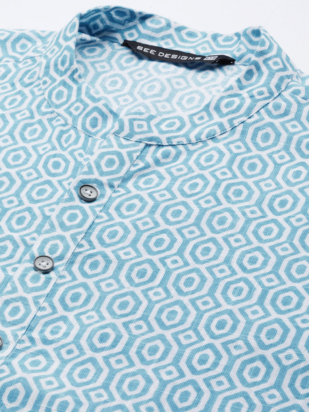 Men Blue-Coloured & White Printed Pure Cotton Straight Kurta With Pyjama