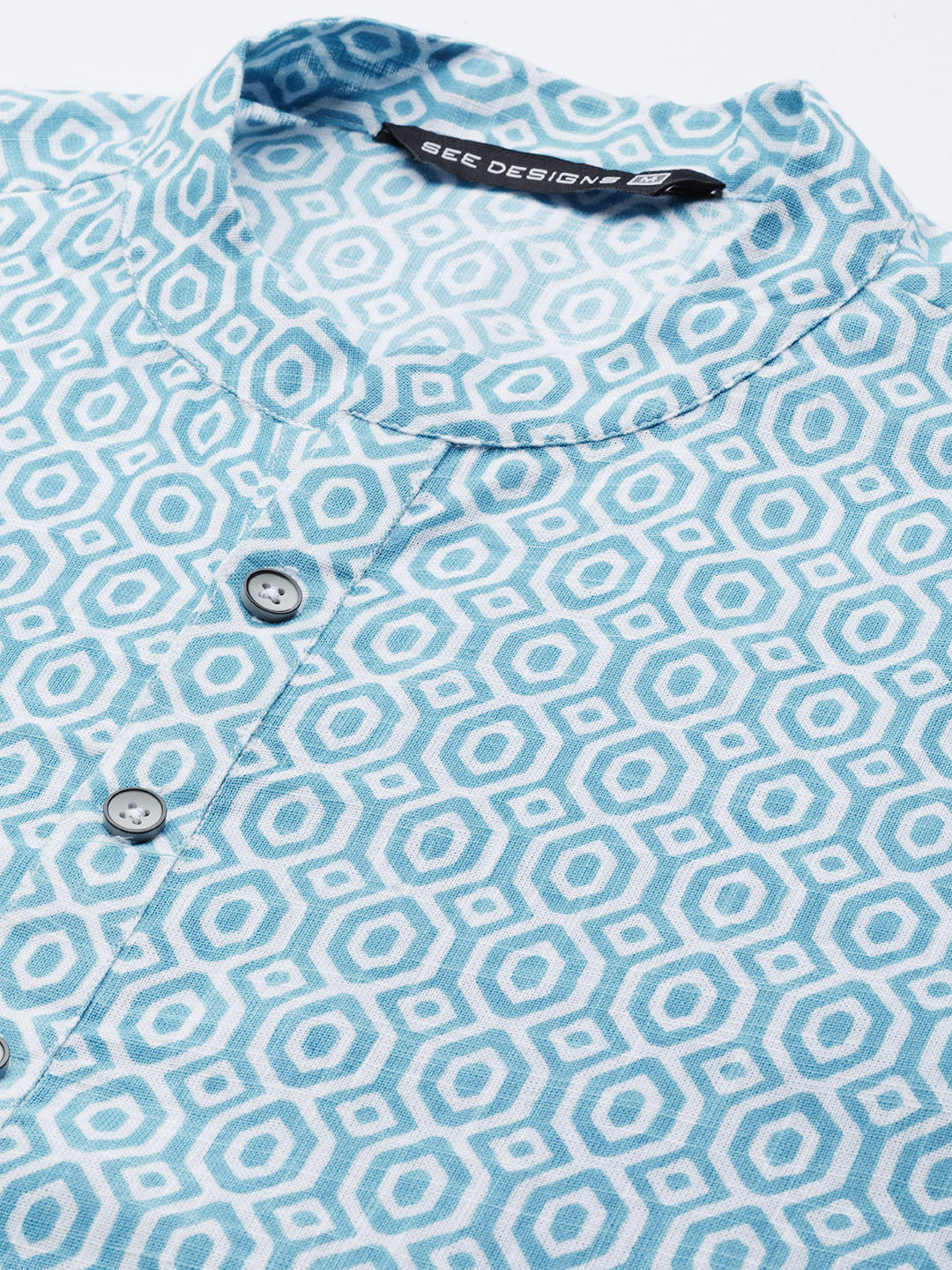 Men Blue-Coloured & White Printed Pure Cotton Straight Kurta With Pyjama