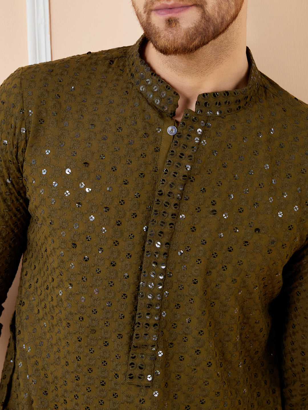 Olive Sequins Embroidered Rayon Kurta with Pyjama