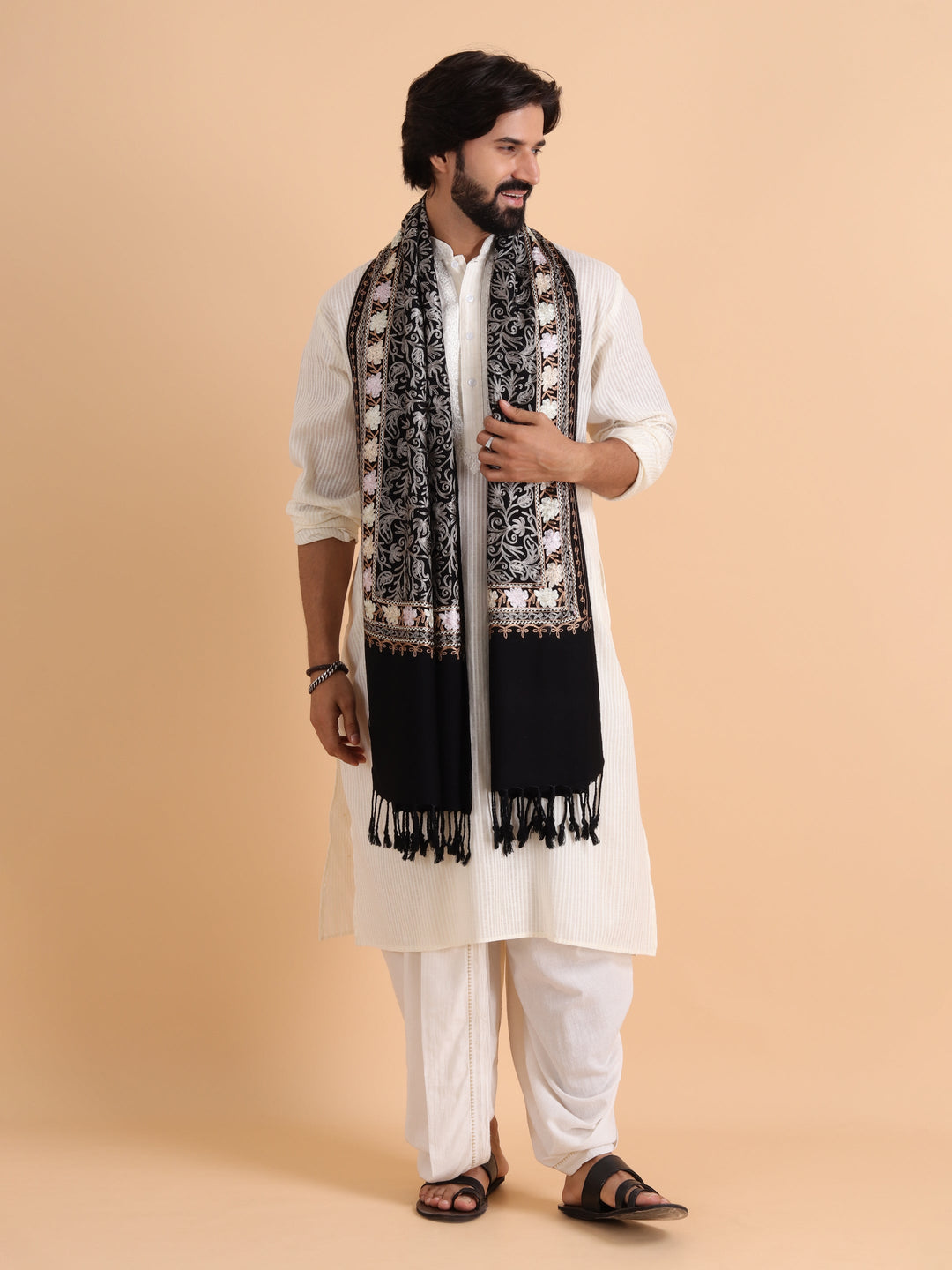 Tweedle Men's Acro Wool Kashmiri Embroidery Stole, Black, Size - 28 x 80 inches