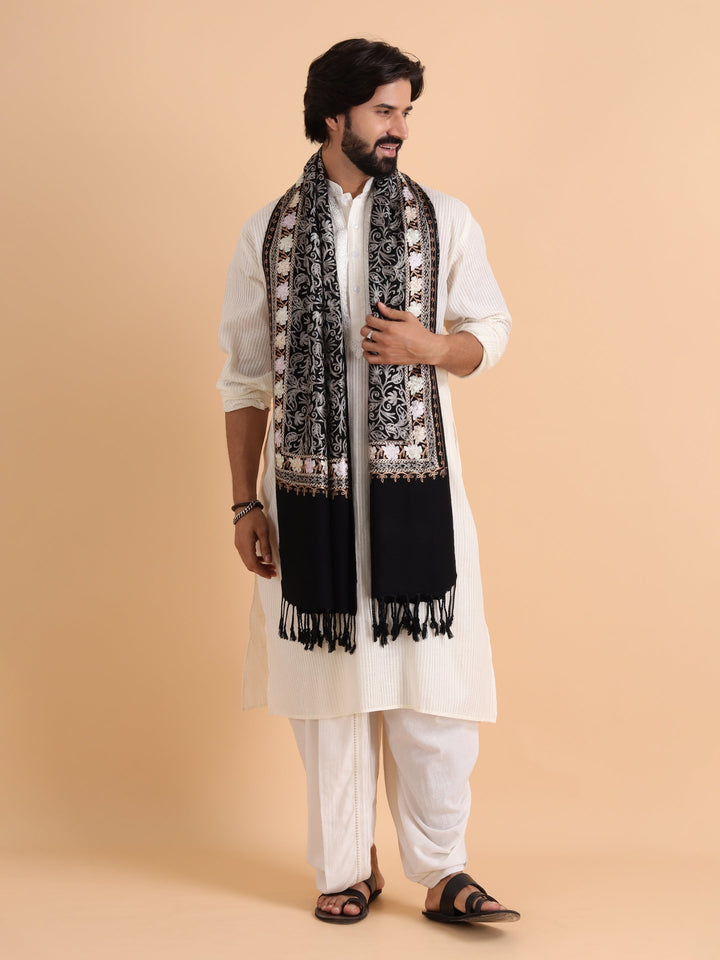 Tweedle Men's Acro Wool Kashmiri Embroidery Stole, Black, Size - 28 x 80 inches