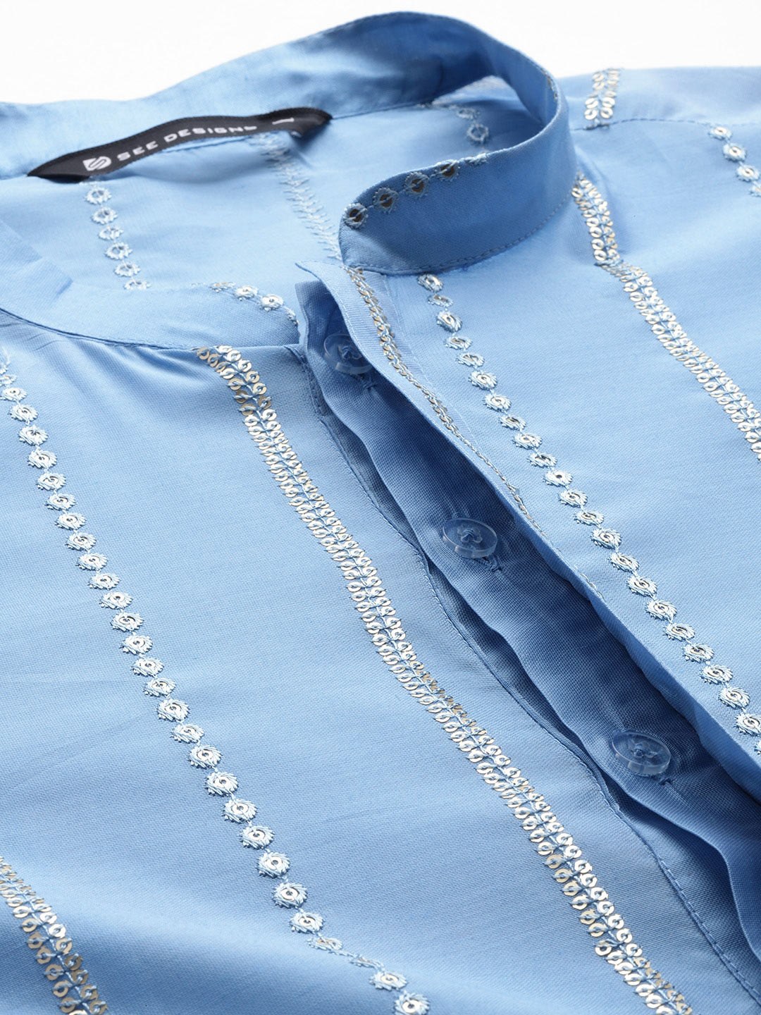 Men's Turquoise Blue Sequins Embroidered Chanderi Silk Straight Kurta
