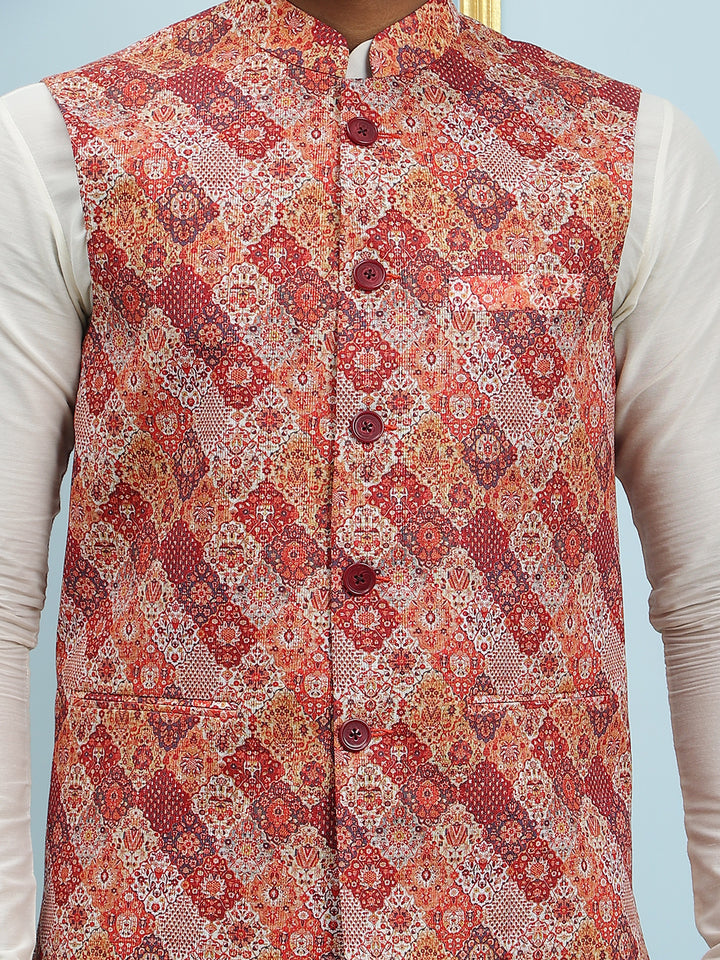 Pure Silk Straight Kurta & Pyjama Set with Printed Cotton Nehru Jacket