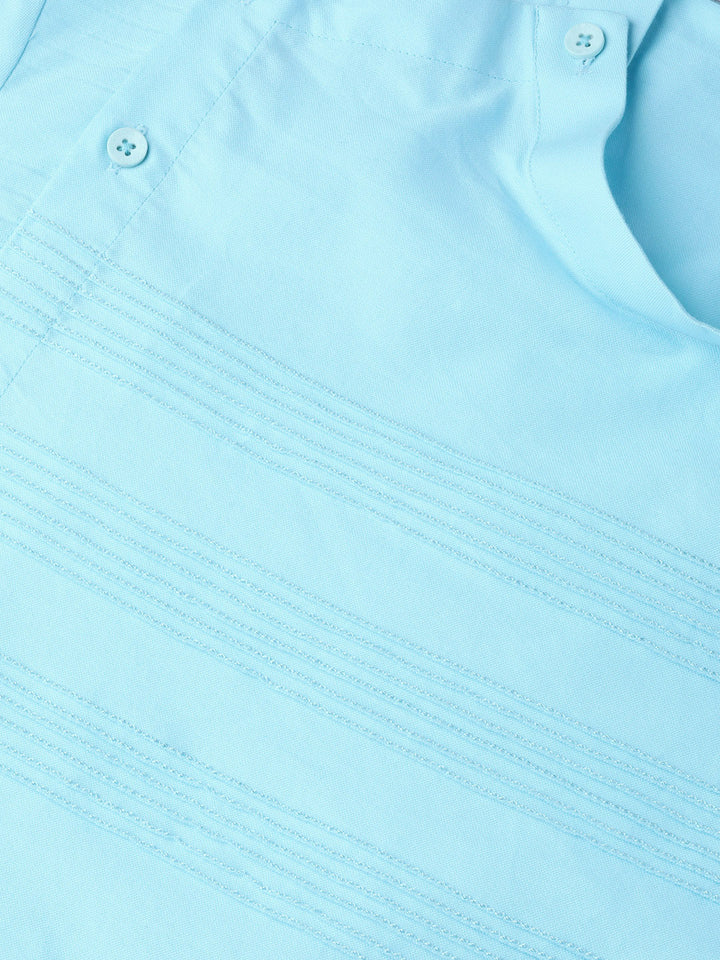 Turquoise Blue Solid Straight Kurta With Yoke Thread Work With Kurta Pyjama