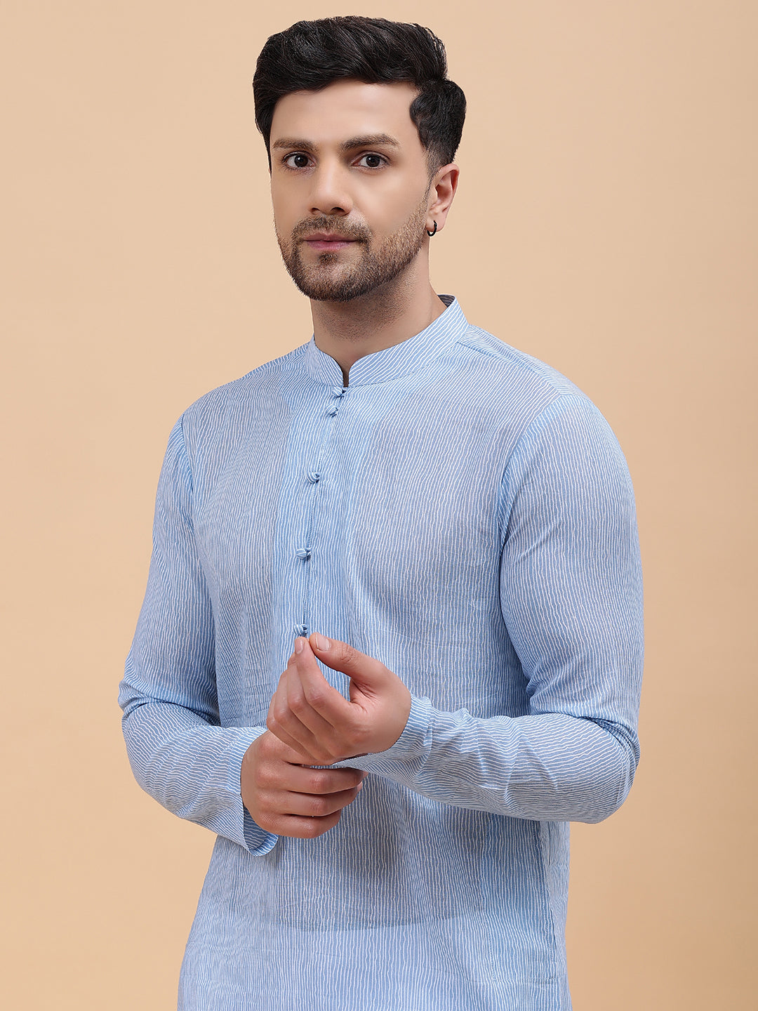 Men Sky Blue & White Printed Pure Cotton Straight Kurta
