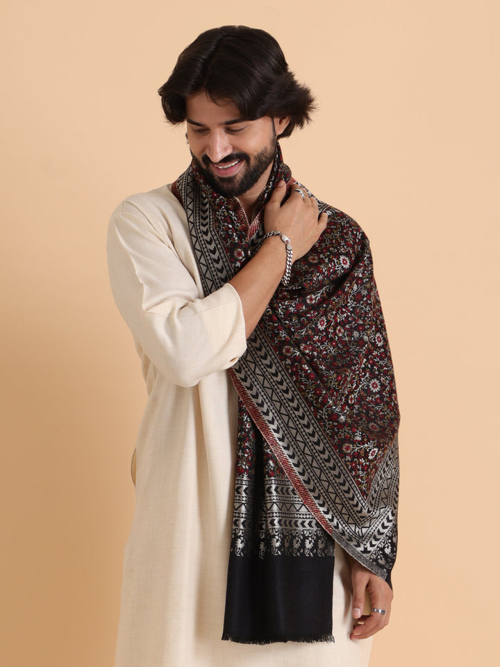 Tweedle Floral Design Kani Zari Shawl for Men - Black, Size - 28 x 80 inches