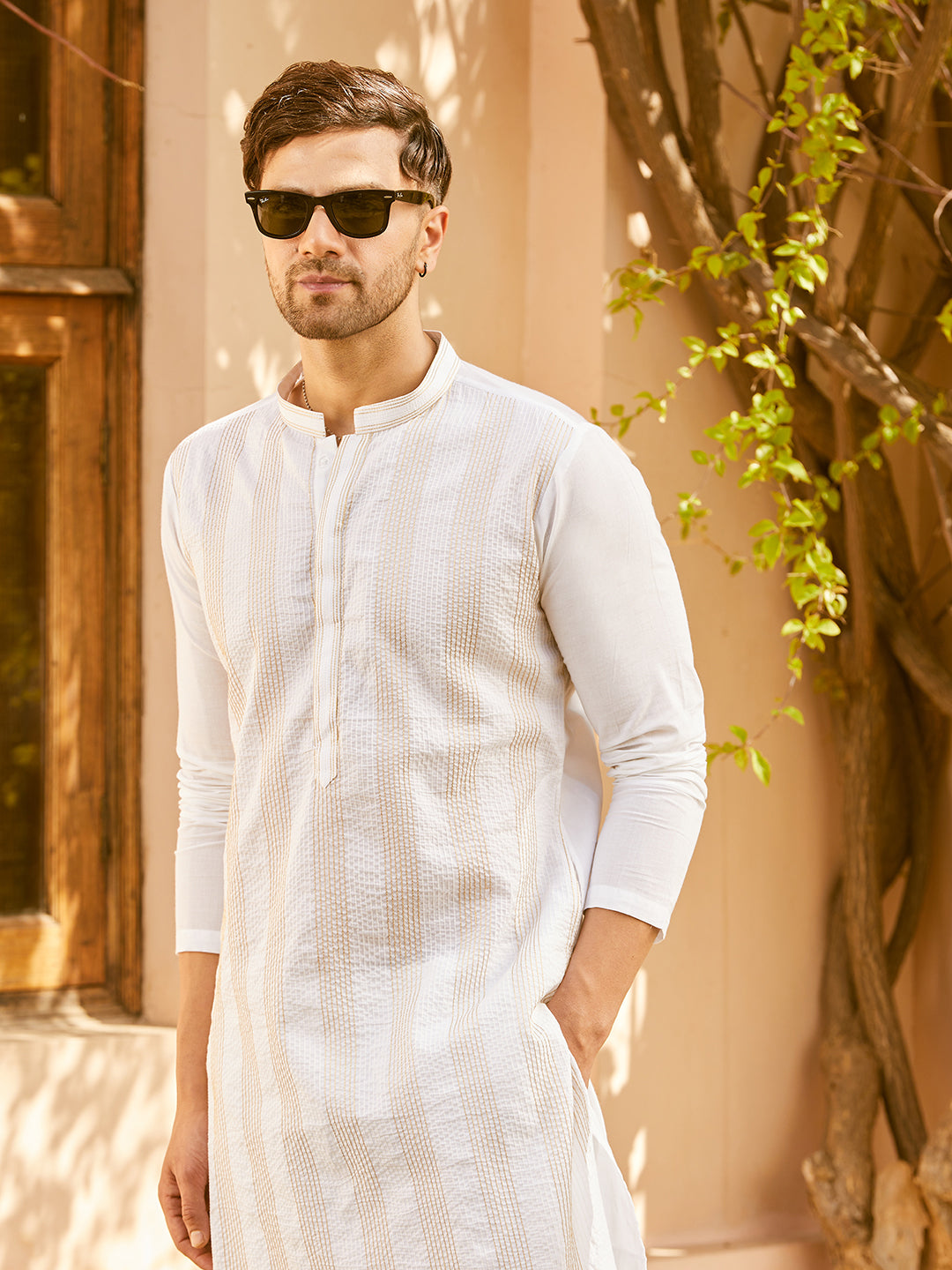 Pintuck with Thread work Pure Cotton Straight Kurta with Pyjama