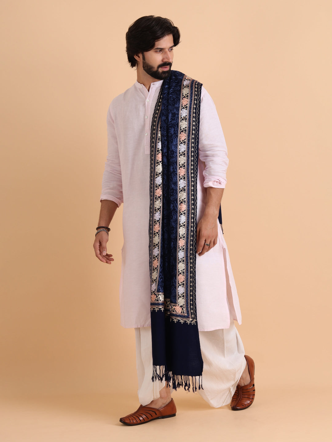 Tweedle Men's Acro Wool Kashmiri Embroidery Stole, Navy Blue, Size - 28 x 80 inches