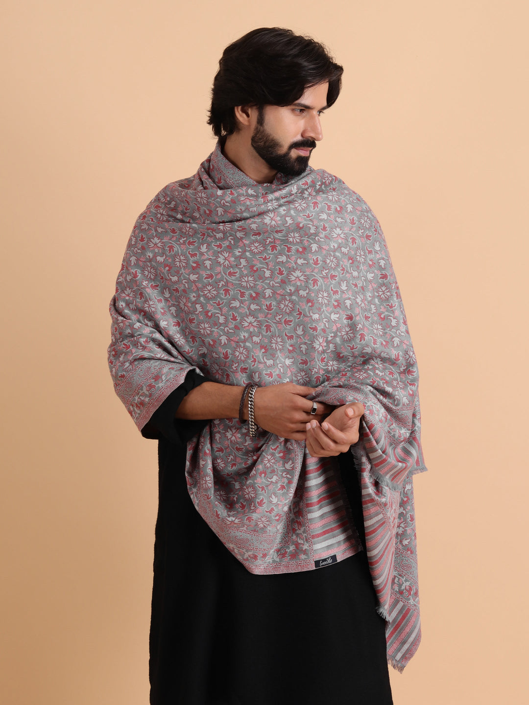 Tweedle Men’s Traditional Kani Shawl for Winters - Grey, Size - 40 x 80 inches