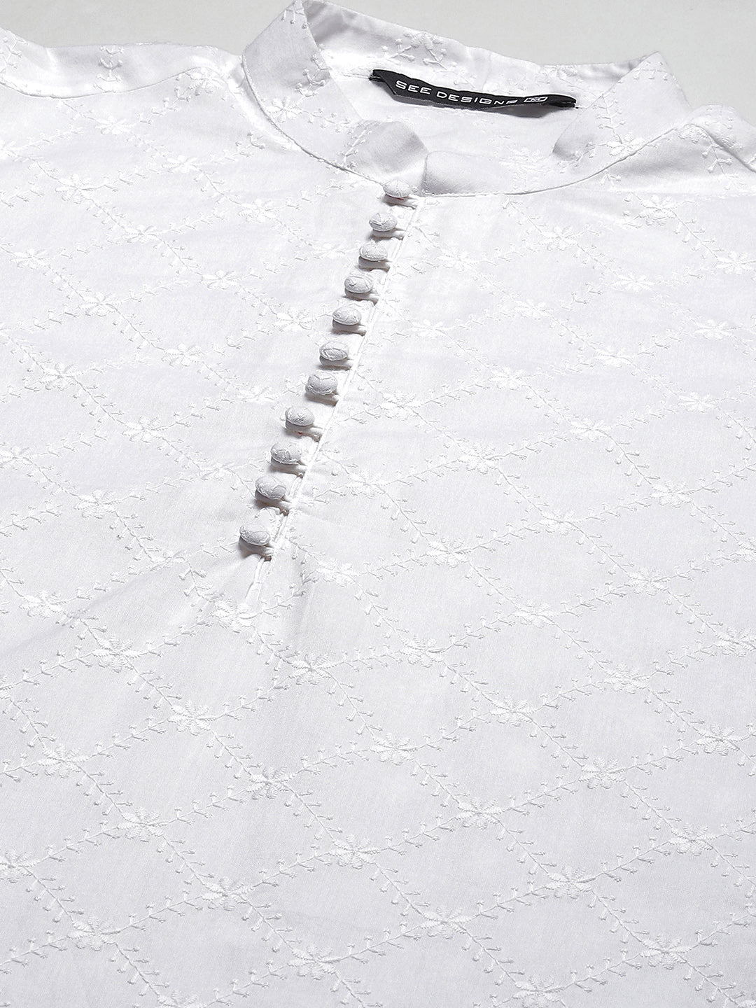 Men White Chikankari Embroidered Straight Kurta With Pyjama