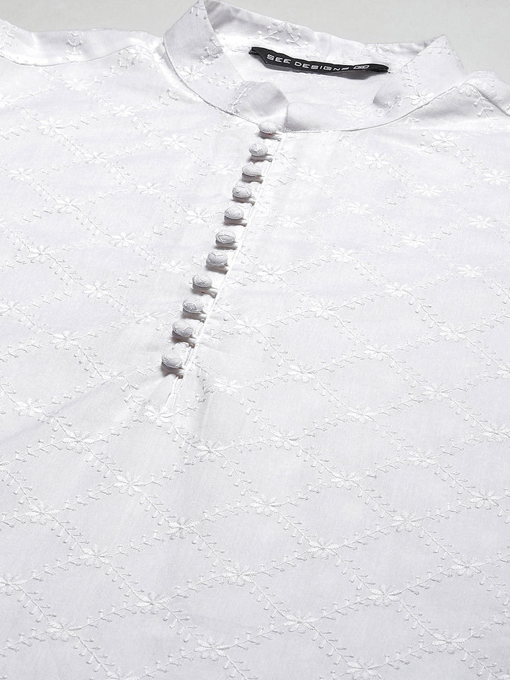 Men White Chikankari Embroidered Straight Kurta With Pyjama
