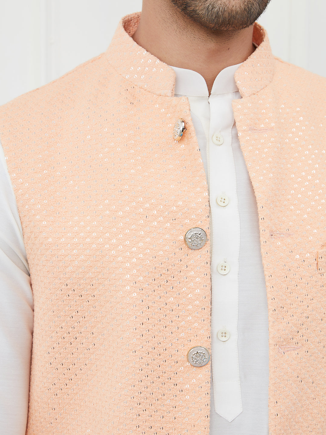 Pure Cotton Straight Kurta & Pyjama with Sequins Embroidered Nehru Jacket