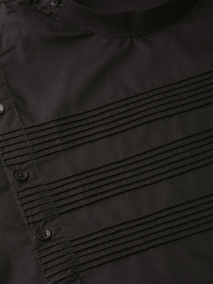 Black Solid Straight Kurta With Yoke Thread Work With Kurta Pyjama