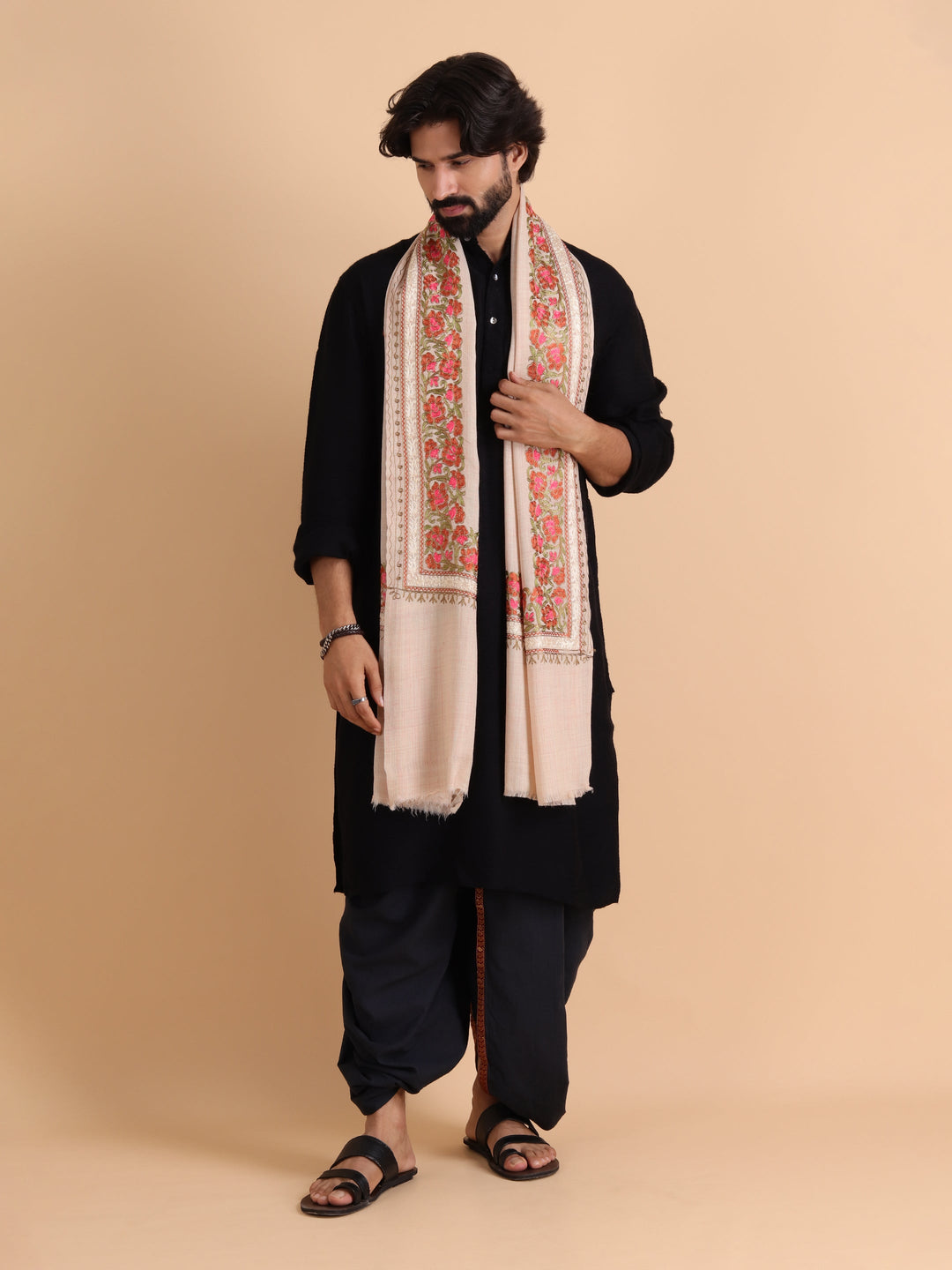 Tweedle Fine Wool Kashmiri Embroidery Stole / Scarf for Men, Off-White (Size-28x80)