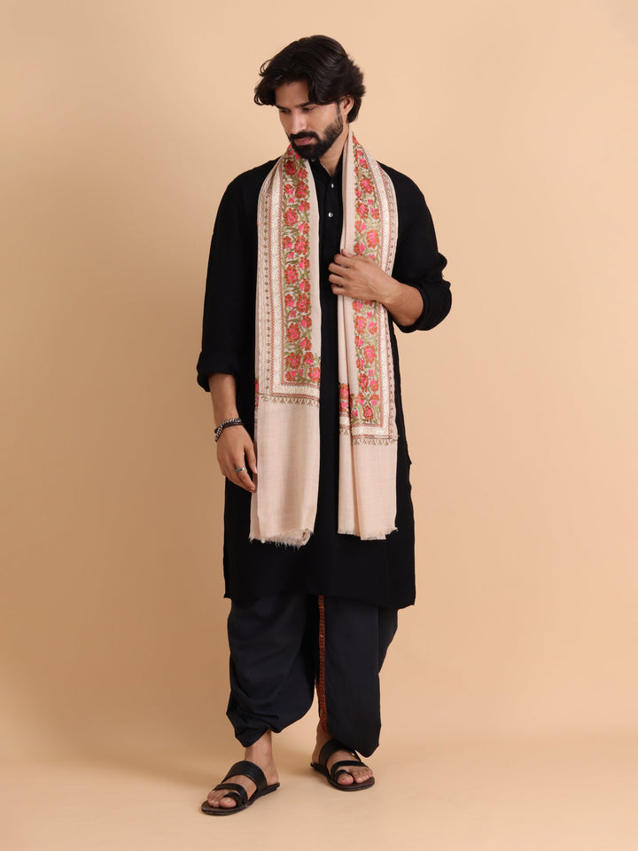 Tweedle Fine Wool Kashmiri Embroidery Stole / Scarf for Men, Off-White (Size-28x80)