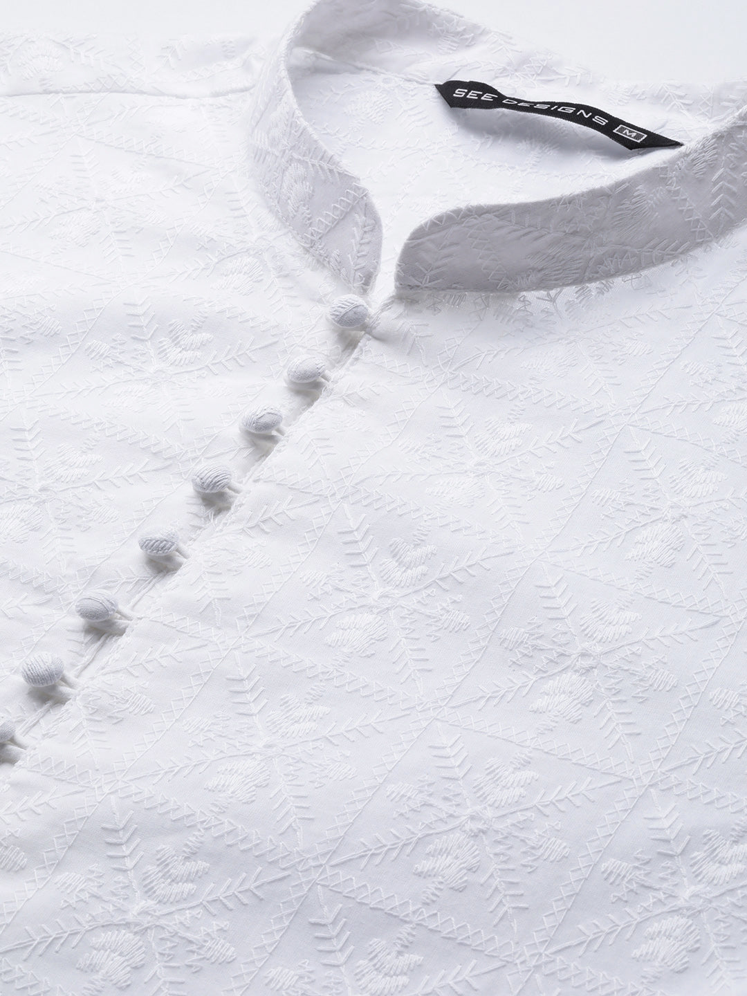 Men White Pure Cotton Chikankari Embroidered Straight Kurta