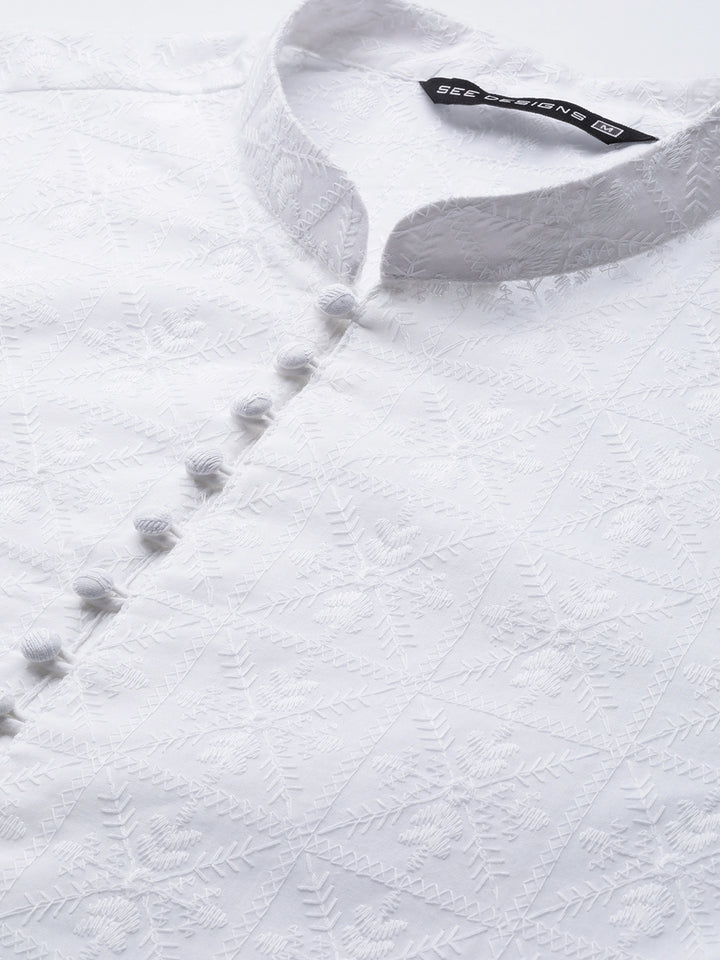 Men White Pure Cotton Chikankari Embroidered Straight Kurta