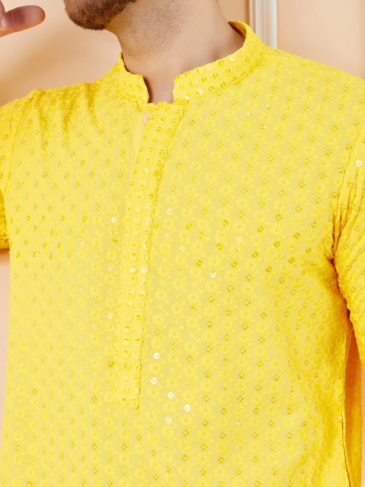 Yellow Sequins Embroidered Rayon Kurta with Pyjama