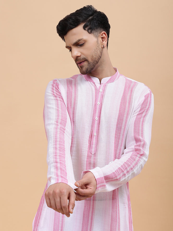 Men White & Pink Pure Cotton Printed Staright Kurta