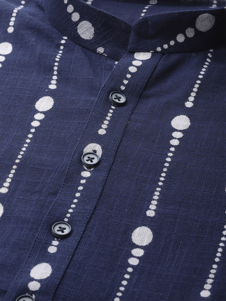 Men Navy Blue And White Printed Straight Kurta With Pyjama