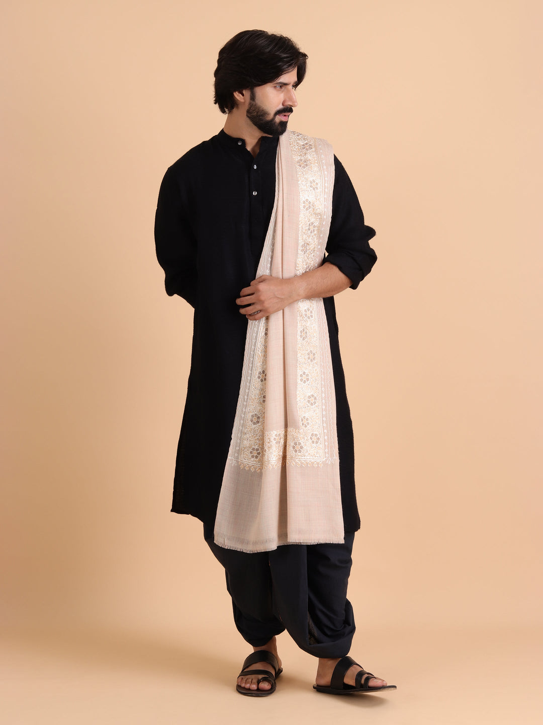 Tweedle Fine Wool Aari Embroidery Stole / Scarf for Men, Border Design with Stone Work - Off-White
