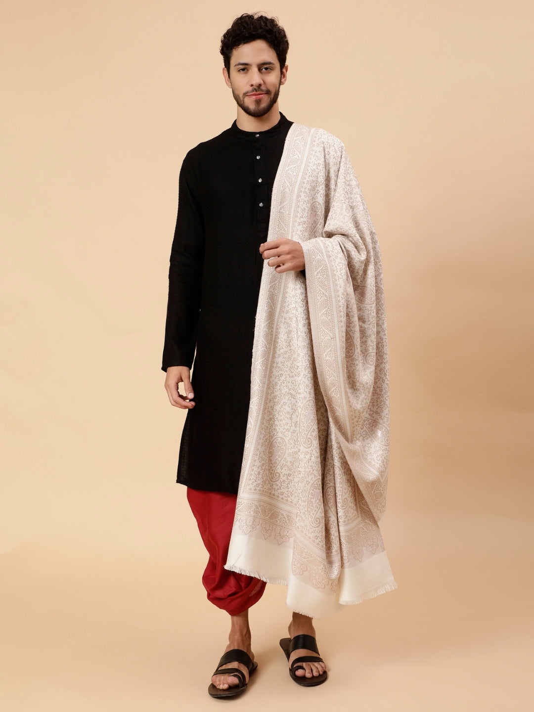 Tweedle Men’s Paisley Design, Zari Shawl - OffWhite, Size - 40 x 80 inches