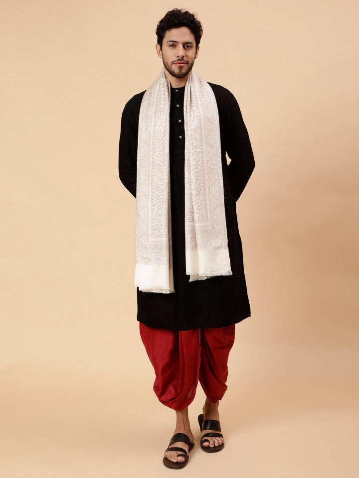 Tweedle Men’s Paisley Design, Zari Shawl - OffWhite, Size - 40 x 80 inches