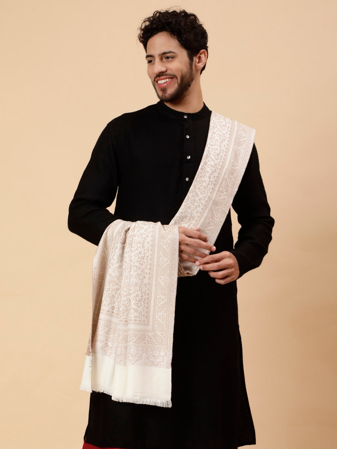Tweedle Men’s Paisley Design, Zari Shawl - OffWhite, Size - 40 x 80 inches