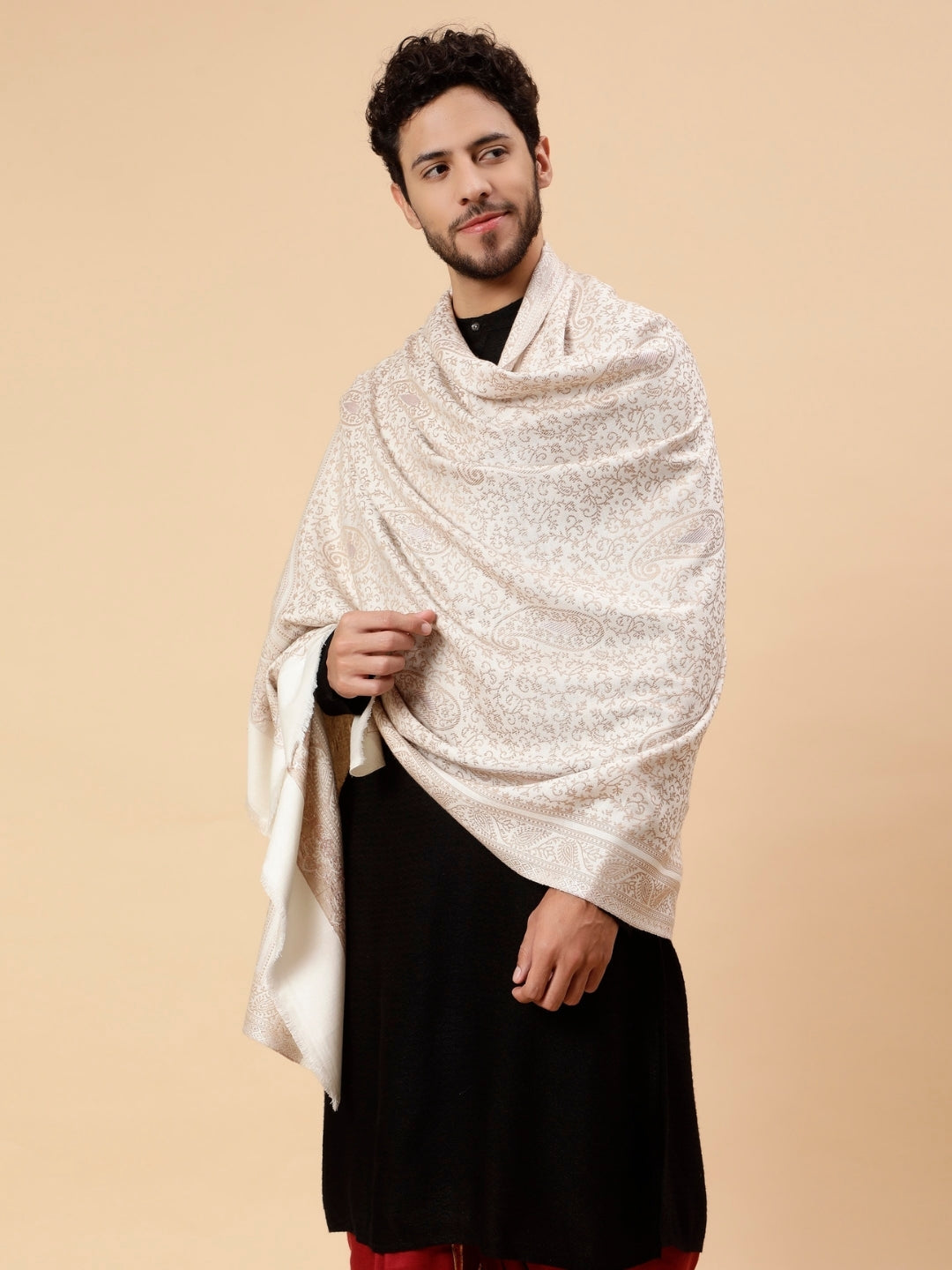 Tweedle Men’s Paisley Design, Zari Shawl - OffWhite, Size - 40 x 80 inches