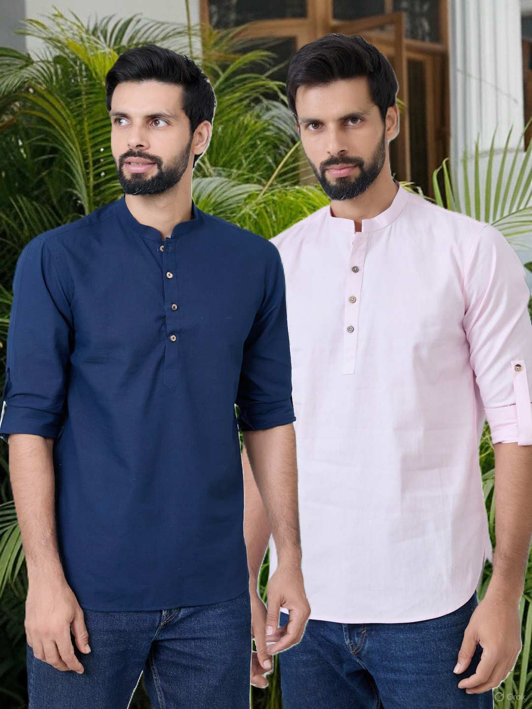 Men Pack of 2 Navy Blue & Pink Cotton Solid Short Kurta – Navy Blue & Pink